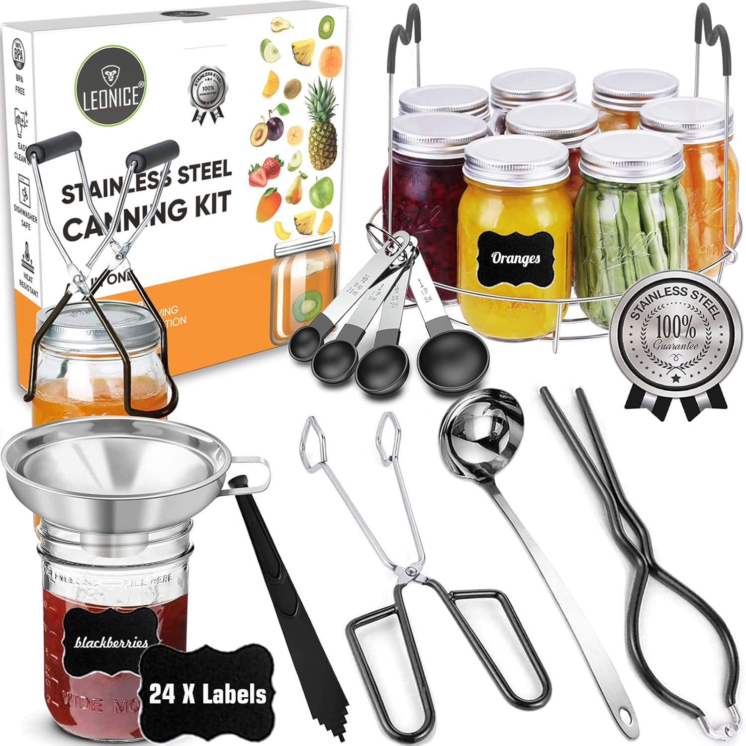 Canning Supplies Starter Kit, Stainless Steel Canning Set Tools: Rack, Ladle, Measuring Spoons